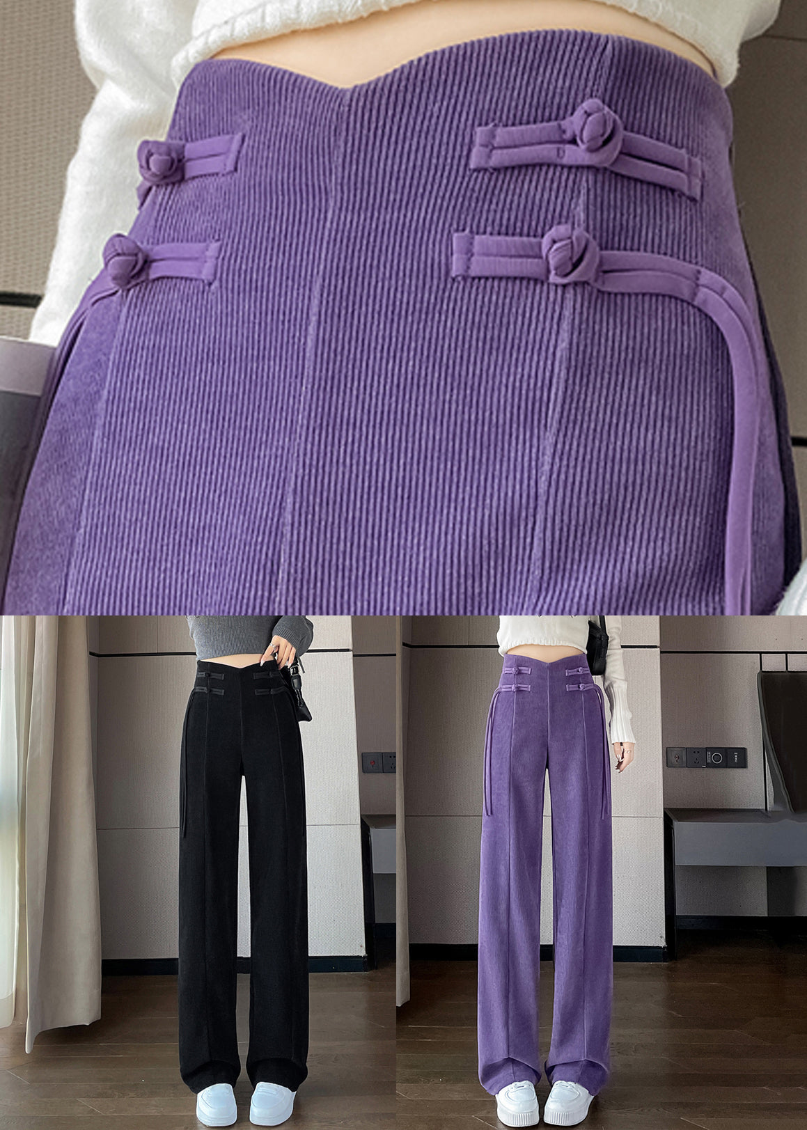 Purple Button Solid Corduroy Pants Elastic Waist Spring RZ011 ABC