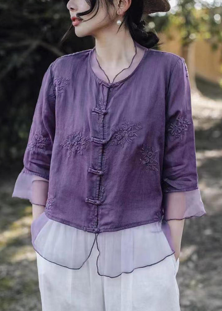 Purple Button Tulle Patchwork Blouses Embroidered Summer VV098 HS-HTP240627