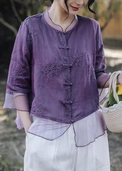 Purple Button Tulle Patchwork Blouses Embroidered Summer VV098 HS-HTP240627