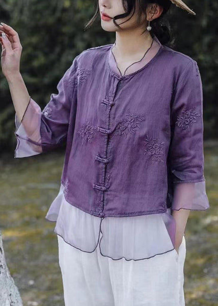 Purple Button Tulle Patchwork Blouses Embroidered Summer VV098 HS-HTP240627