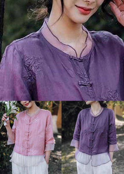 Purple Button Tulle Patchwork Blouses Embroidered Summer VV098 HS-HTP240627