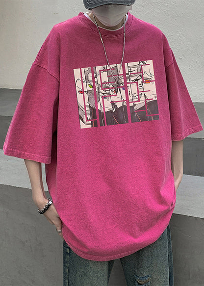 Half Sleeve T Cartoon Neck Cotton Purple Mens Shirts O Print FashionChic