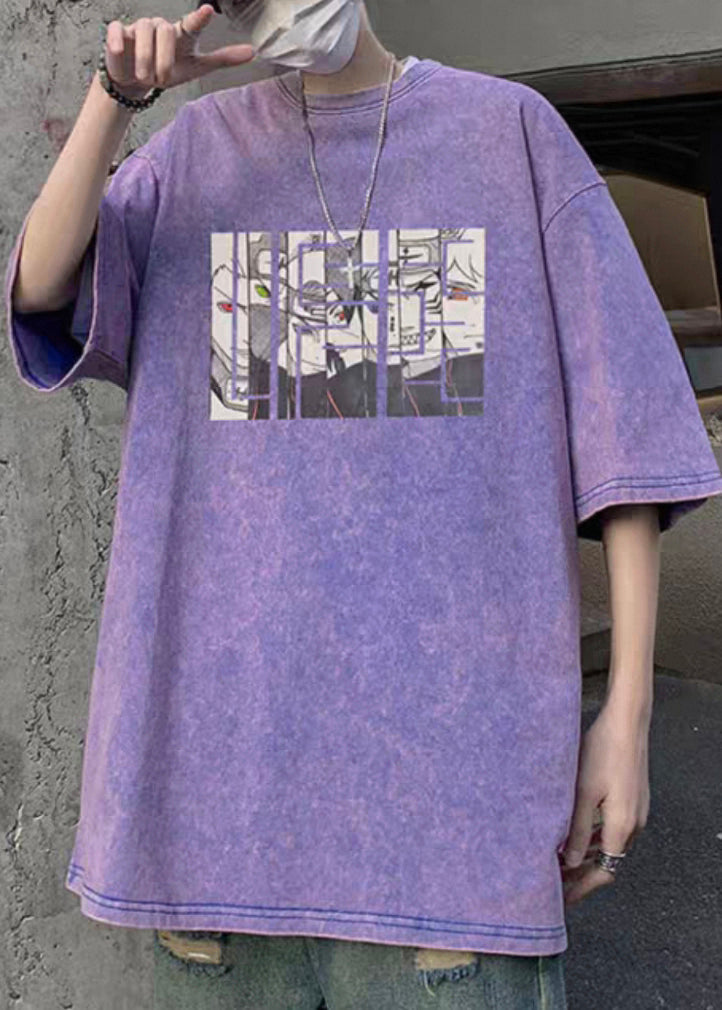 Half Sleeve T Cartoon Neck Cotton Purple Mens Shirts O Print FashionChic