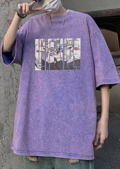 Half Sleeve T Cartoon Neck Cotton Purple Mens Shirts O Print FashionChic