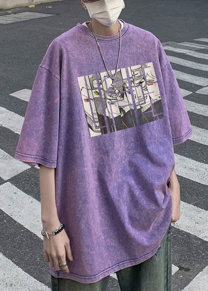 Half Sleeve T Cartoon Neck Cotton Purple Mens Shirts O Print FashionChic