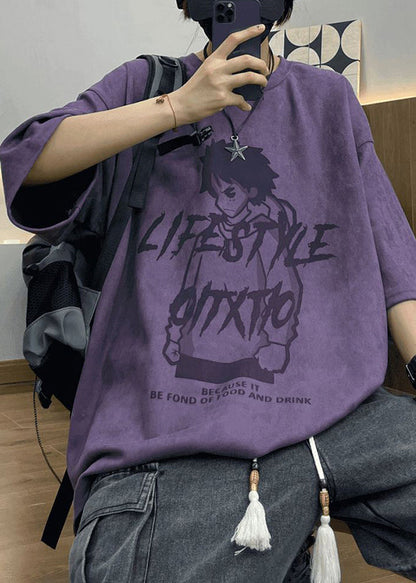 Faux Print Cartoon O T Shirts Men's Half Suede Neck Sleeve Purple FashionChic