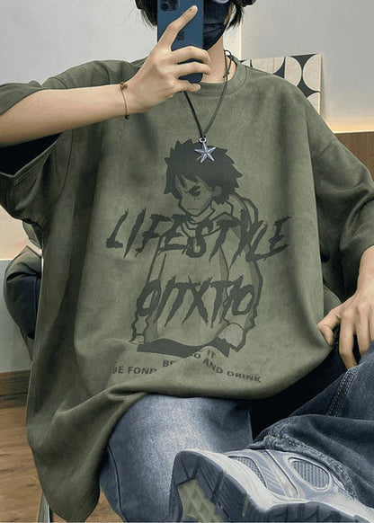 Faux Print Cartoon O T Shirts Men's Half Suede Neck Sleeve Purple FashionChic