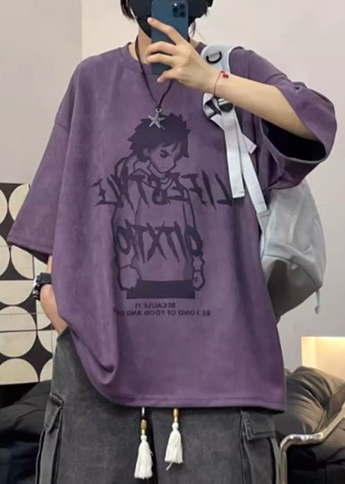 Faux Print Cartoon O T Shirts Men's Half Suede Neck Sleeve Purple FashionChic