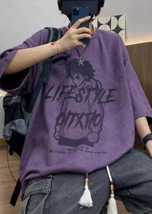 Faux Print Cartoon O T Shirts Men's Half Suede Neck Sleeve Purple FashionChic