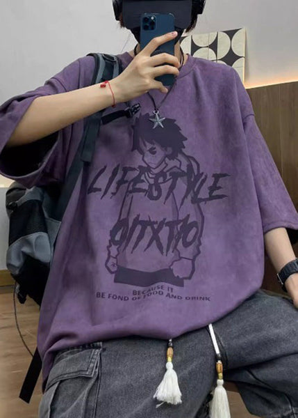 Faux Print Cartoon O T Shirts Men's Half Suede Neck Sleeve Purple FashionChic