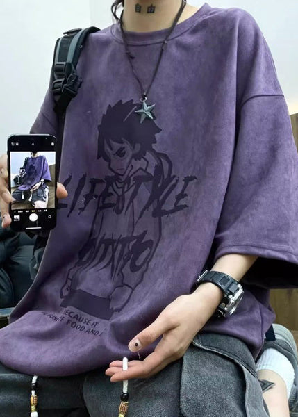 Faux Print Cartoon O T Shirts Men's Half Suede Neck Sleeve Purple FashionChic