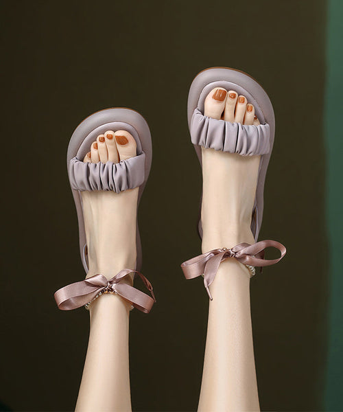 Purple Cowhide Leather Sandals Peep Toe Splicing Bow Lace Up AA013 shoe-CS240815