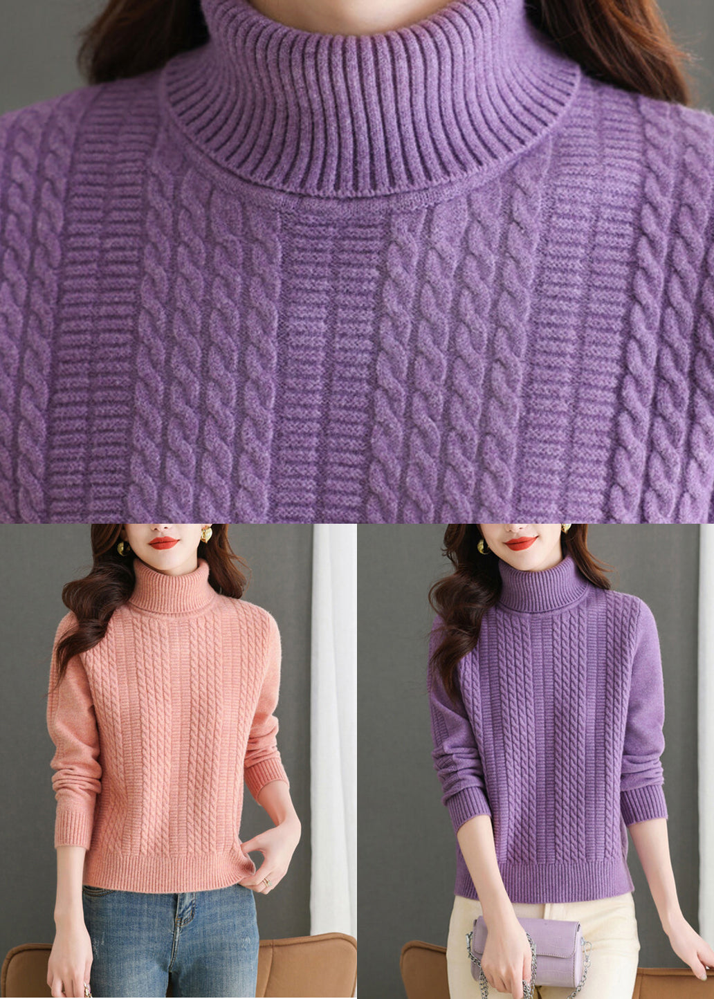Purple Cozy Thick Knit Sweaters Turtleneck Winter ER018 ABC
