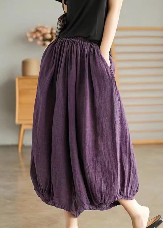 Purple Elastic Waist Linen Wide Leg Pants VV097 HS-CPTS240627