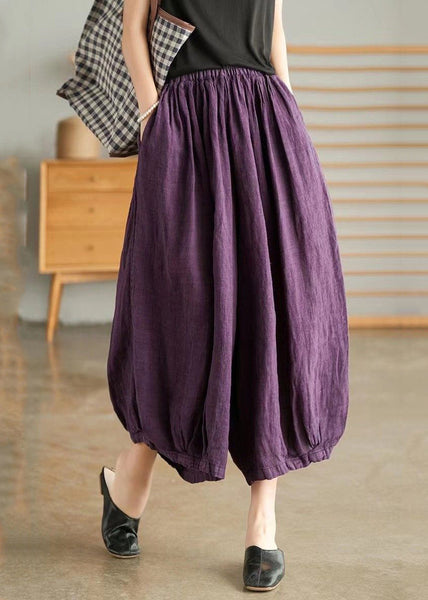 Purple Elastic Waist Linen Wide Leg Pants VV097 HS-CPTS240627