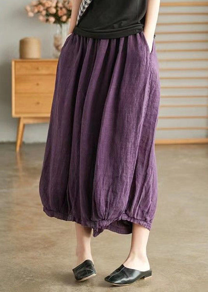 Purple Elastic Waist Linen Wide Leg Pants VV097 HS-CPTS240627