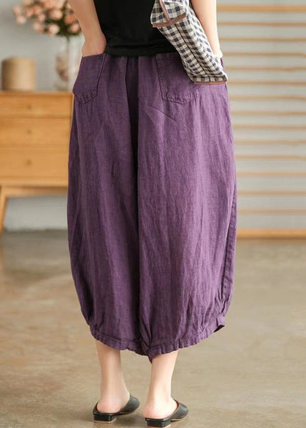 Purple Elastic Waist Linen Wide Leg Pants VV097 HS-CPTS240627