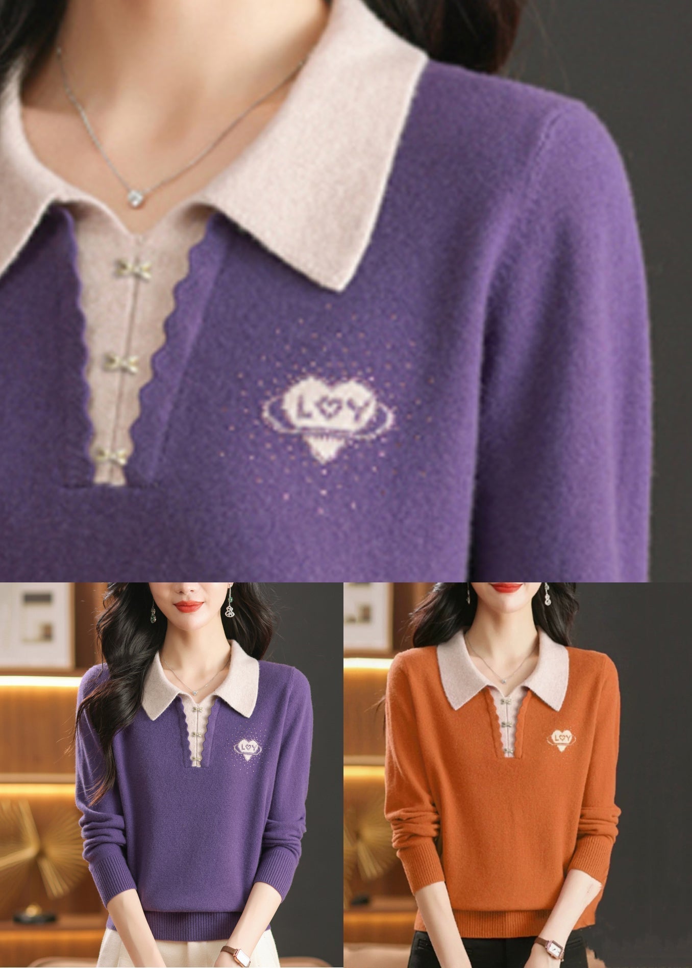 Purple False Two Pieces Wool Knit Sweaters Peter Pan Collar Winter ER014 ABC