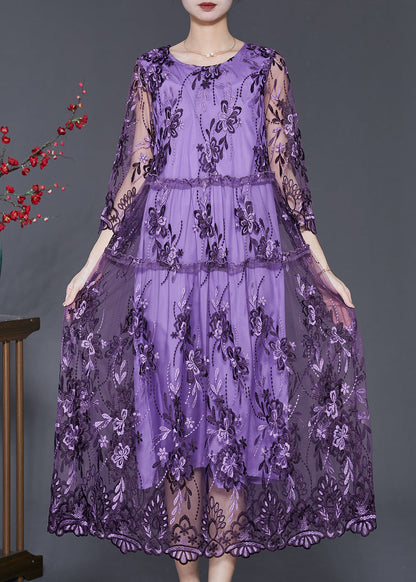 Purple Hollow Out Tulle Dress Embroidered Summer SD1096 Ada Fashion