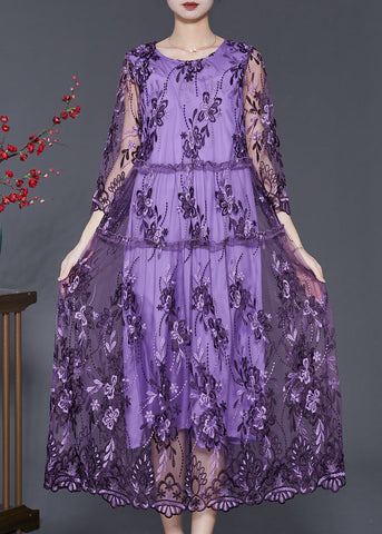 Purple Hollow Out Tulle Dress Embroidered Summer SD1096 Ada Fashion