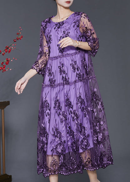 Purple Hollow Out Tulle Dress Embroidered Summer SD1096 Ada Fashion