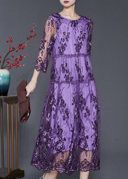 Purple Hollow Out Tulle Dress Embroidered Summer SD1096 Ada Fashion