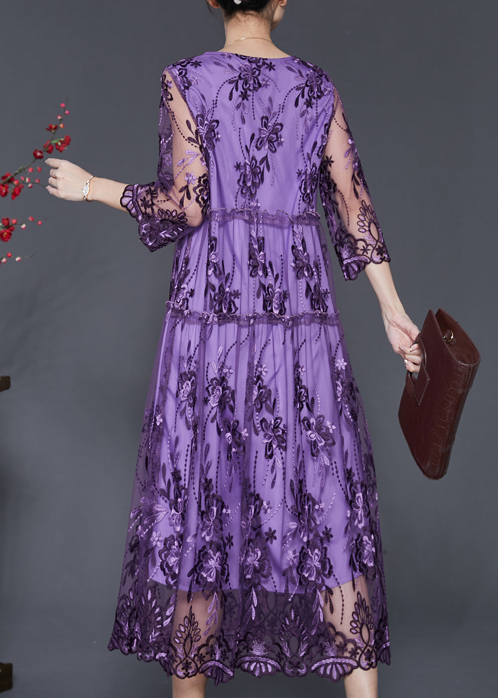 Purple Hollow Out Tulle Dress Embroidered Summer SD1096 Ada Fashion