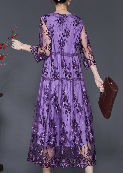 Purple Hollow Out Tulle Dress Embroidered Summer SD1096 Ada Fashion