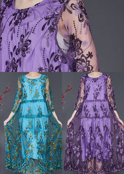 Purple Hollow Out Tulle Dress Embroidered Summer SD1096 Ada Fashion