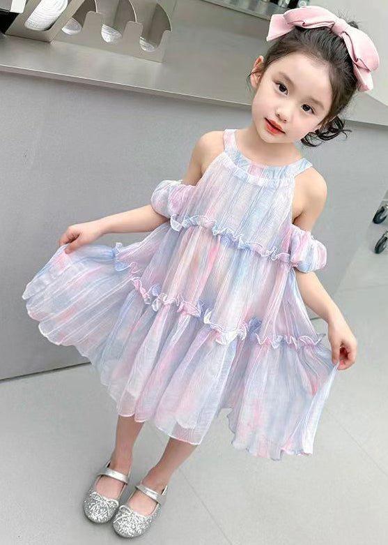 Purple Lace Up Chiffon Summer Kids Girls Dresses Ruffled EW063 WS-RCTZSDGL240809