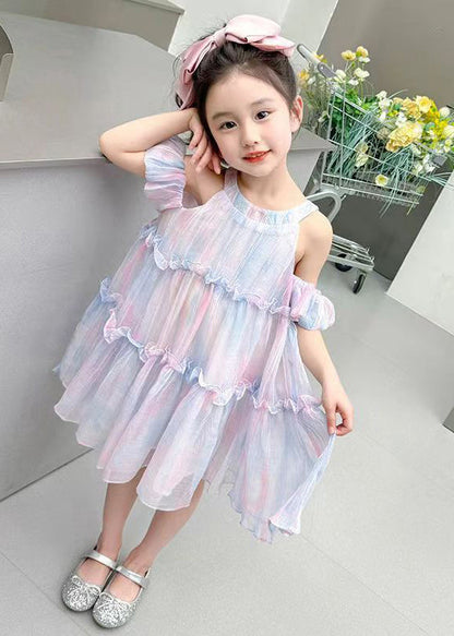 Purple Lace Up Chiffon Summer Kids Girls Dresses Ruffled EW063 WS-RCTZSDGL240809