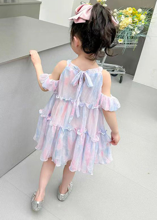 Purple Lace Up Chiffon Summer Kids Girls Dresses Ruffled EW063 WS-RCTZSDGL240809