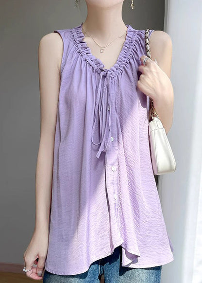 Cotton Solid Purple Up Ruffled Blouses Summer Lace FashionChic