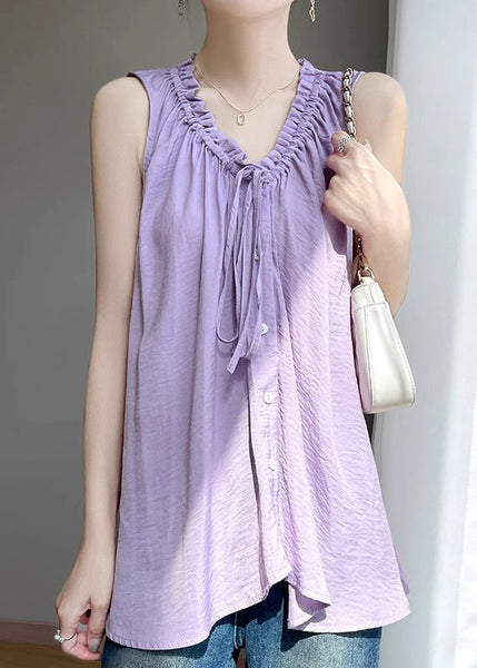 Cotton Solid Purple Up Ruffled Blouses Summer Lace FashionChic