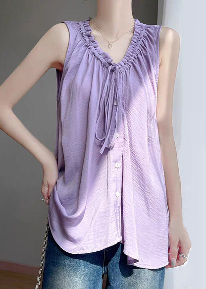 Cotton Solid Purple Up Ruffled Blouses Summer Lace FashionChic