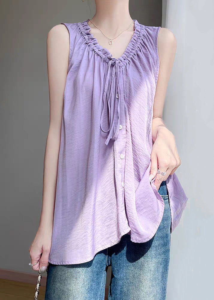 Cotton Solid Purple Up Ruffled Blouses Summer Lace FashionChic