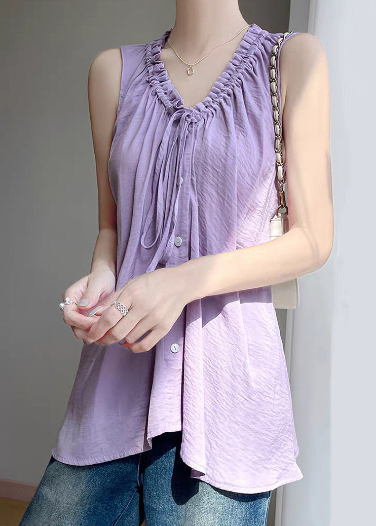Cotton Solid Purple Up Ruffled Blouses Summer Lace FashionChic