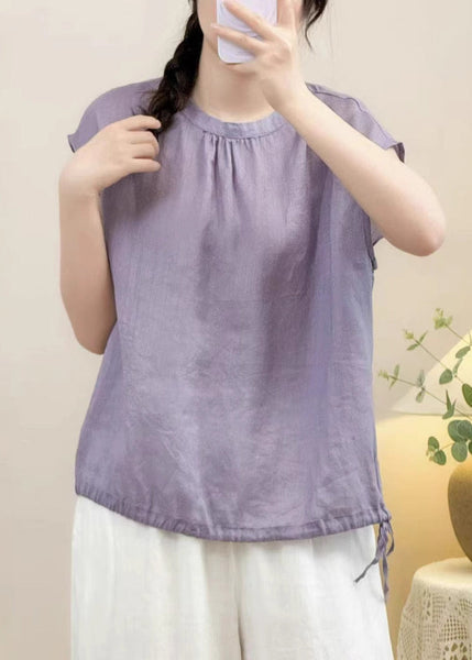 Solid O Linen Lace Purple Up Shirts Neck Summer FashionChic