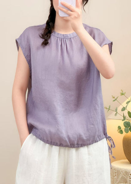 Solid O Linen Lace Purple Up Shirts Neck Summer FashionChic