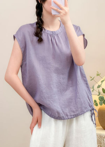Solid O Linen Lace Purple Up Shirts Neck Summer FashionChic