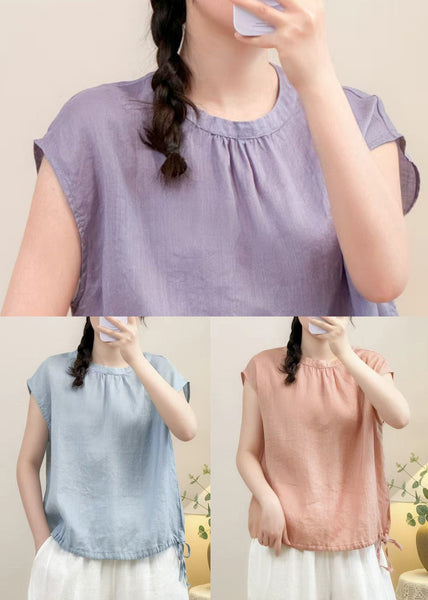 Solid O Linen Lace Purple Up Shirts Neck Summer FashionChic
