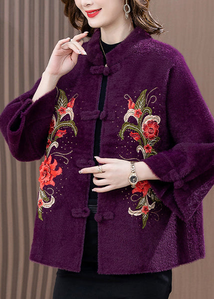 Purple Mink Velvet Woolen Coat Button Spring TA020