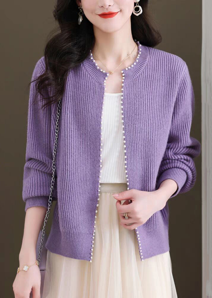 Purple Nail Bead Solid Knit Fall Cardigan O Neck QI006 OM-BB241005