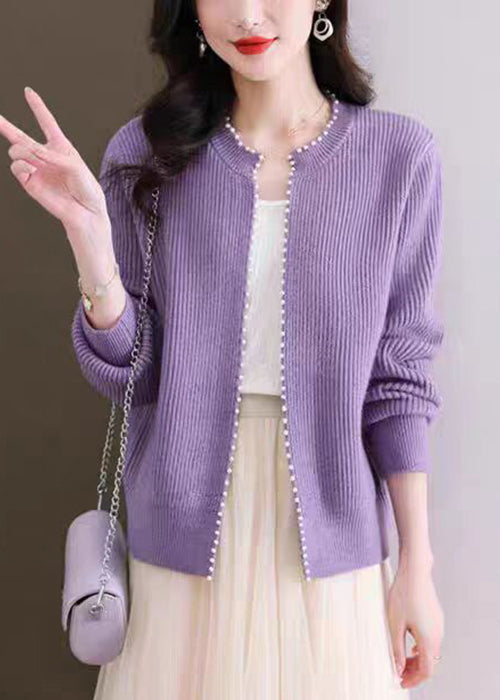 Purple Nail Bead Solid Knit Fall Cardigan O Neck QI006 OM-BB241005