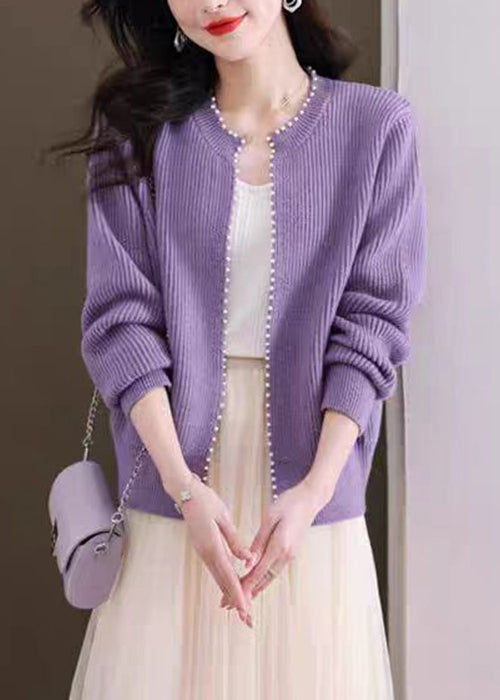 Purple Nail Bead Solid Knit Fall Cardigan O Neck QI006 OM-BB241005