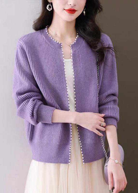 Purple Nail Bead Solid Knit Fall Cardigan O Neck QI006 OM-BB241005