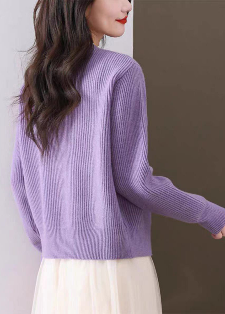 Purple Nail Bead Solid Knit Fall Cardigan O Neck QI006 OM-BB241005