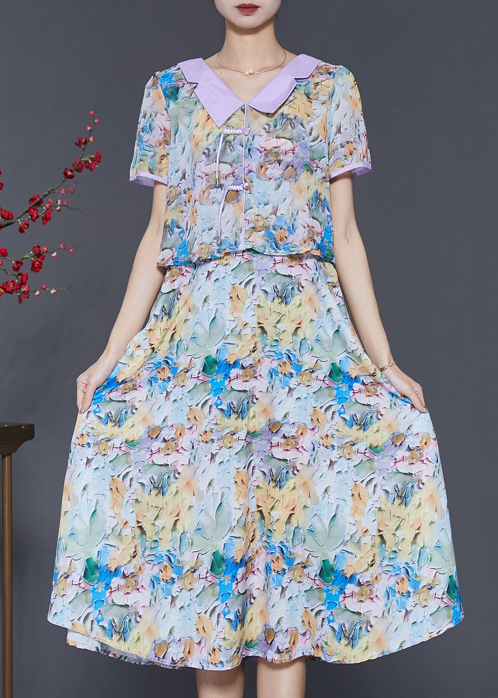 Purple Patchwork Chiffon Vacation Dresses Print Summer SD1025 Ada Fashion