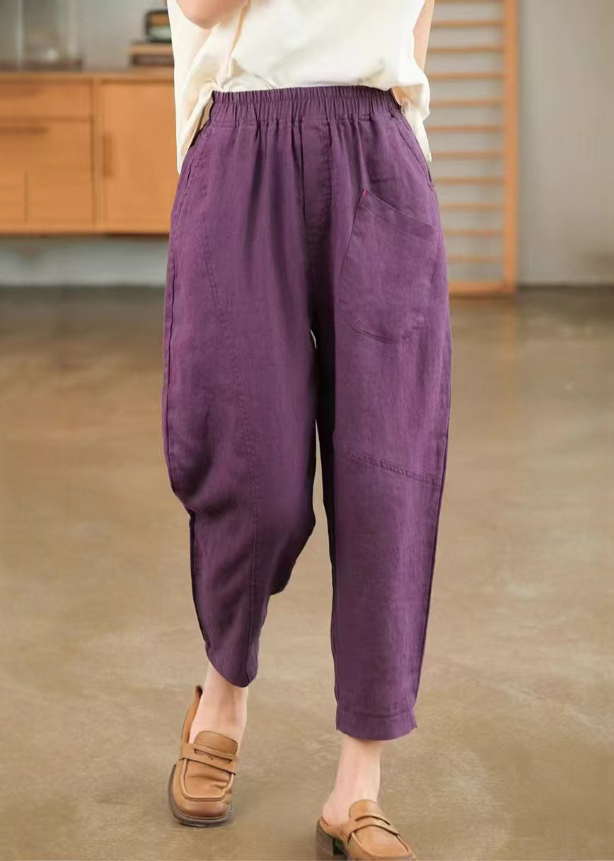 Harem Cotton Waist Purple Summer Pants Pockets Elastic FashionChic
