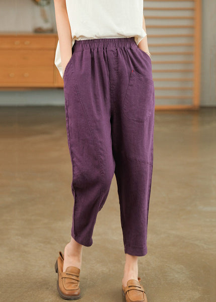 Harem Cotton Waist Purple Summer Pants Pockets Elastic FashionChic